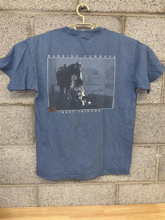Vintage Cowboy Brand Tee M Blue Western Horse Graphic USA