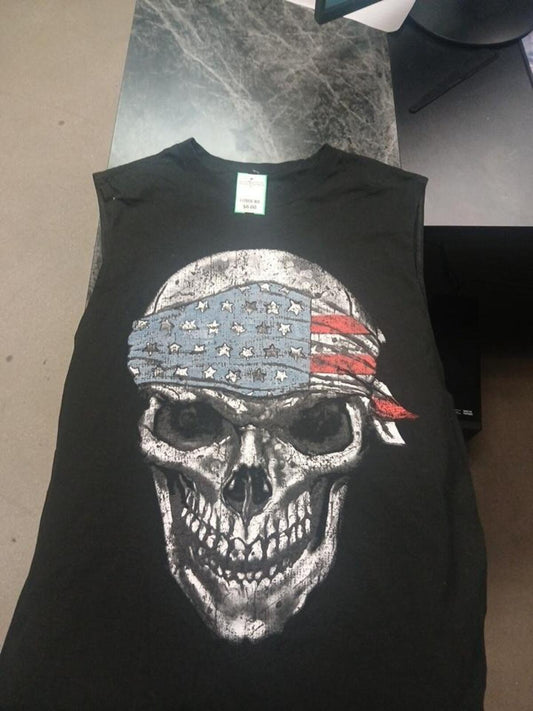 Men Skull American Flag Sleeveless T Shirt Biker Patriotic