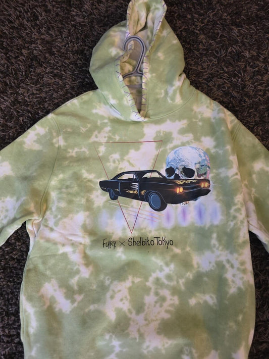 Reigning Fury Green Tie-Dye Pullover Hoodie S Car Skull Graphic Fleece Hooded