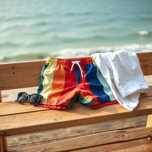 Colorful swim trunks on a bench with sunglasses and a linen shirt beside them near a sunny beach