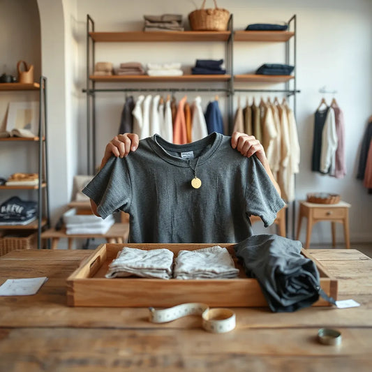 Hands inspecting a vintage t-shirt on a wooden table with measuring tools and fabric samples nearby