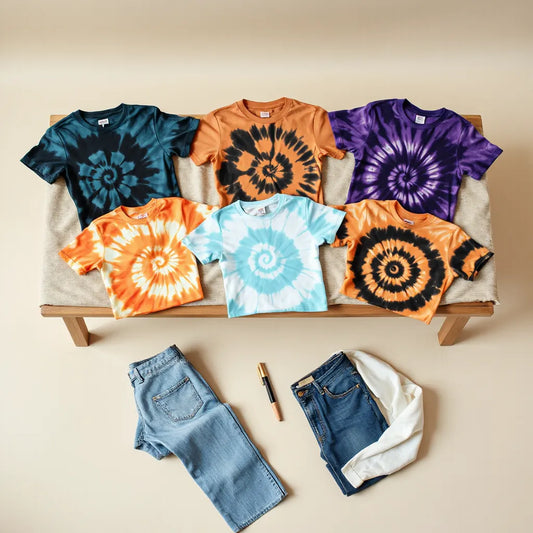 Men’s tie dye t-shirts in vibrant swirls paired with denim and a folded overshirt on a bench