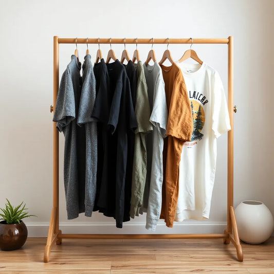 Vintage t-shirts with distinct graphic prints on a wooden rack in soft natural light
