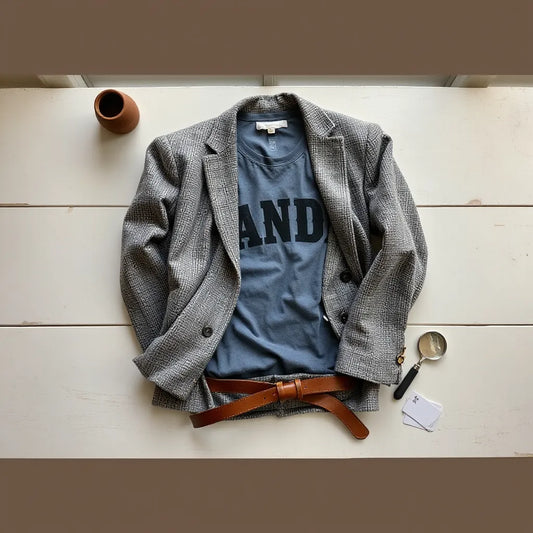 Vintage jacket and t-shirt laid out on a wooden table with fabric swatches and a magnifying glass