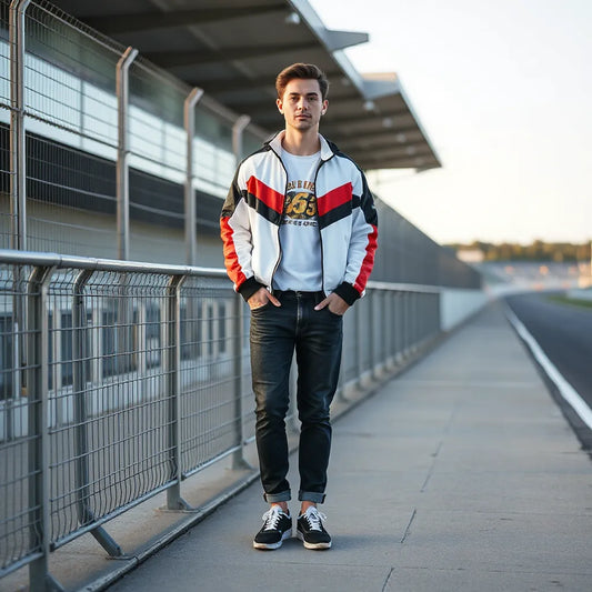 Casual racing-inspired outfit with a panel jacket and sporty sneakers near a trackside fence