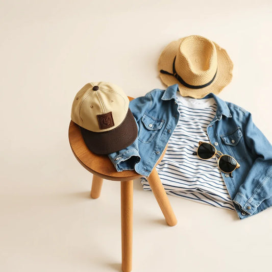 Vintage hats arranged with casual clothes on a wooden stool in soft natural light