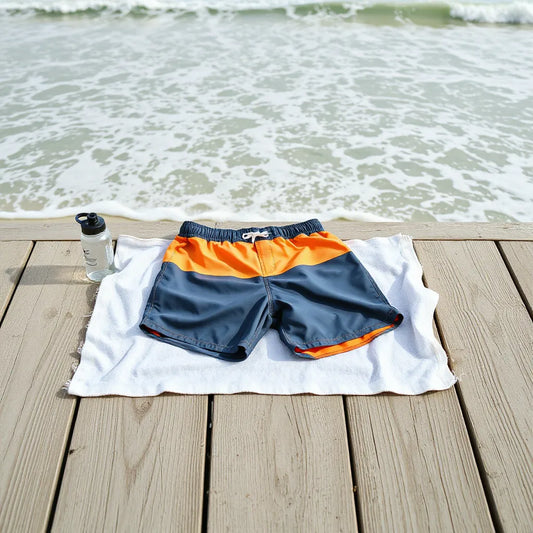 Men’s summer swim trunks and rash guard neatly laid on a beach towel with ocean waves in the background