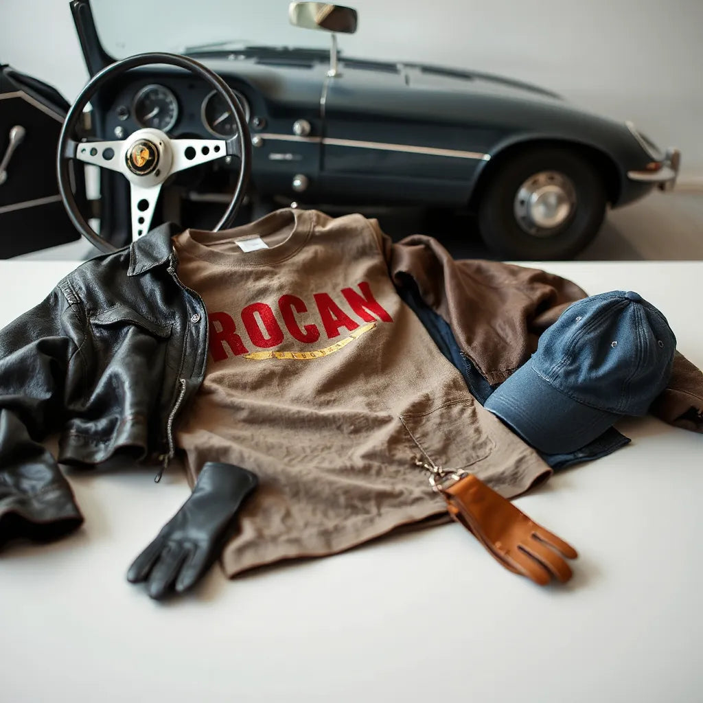 Vintage racing t-shirt, leather-look jacket, cap, and driving gloves laid beside a classic car interior