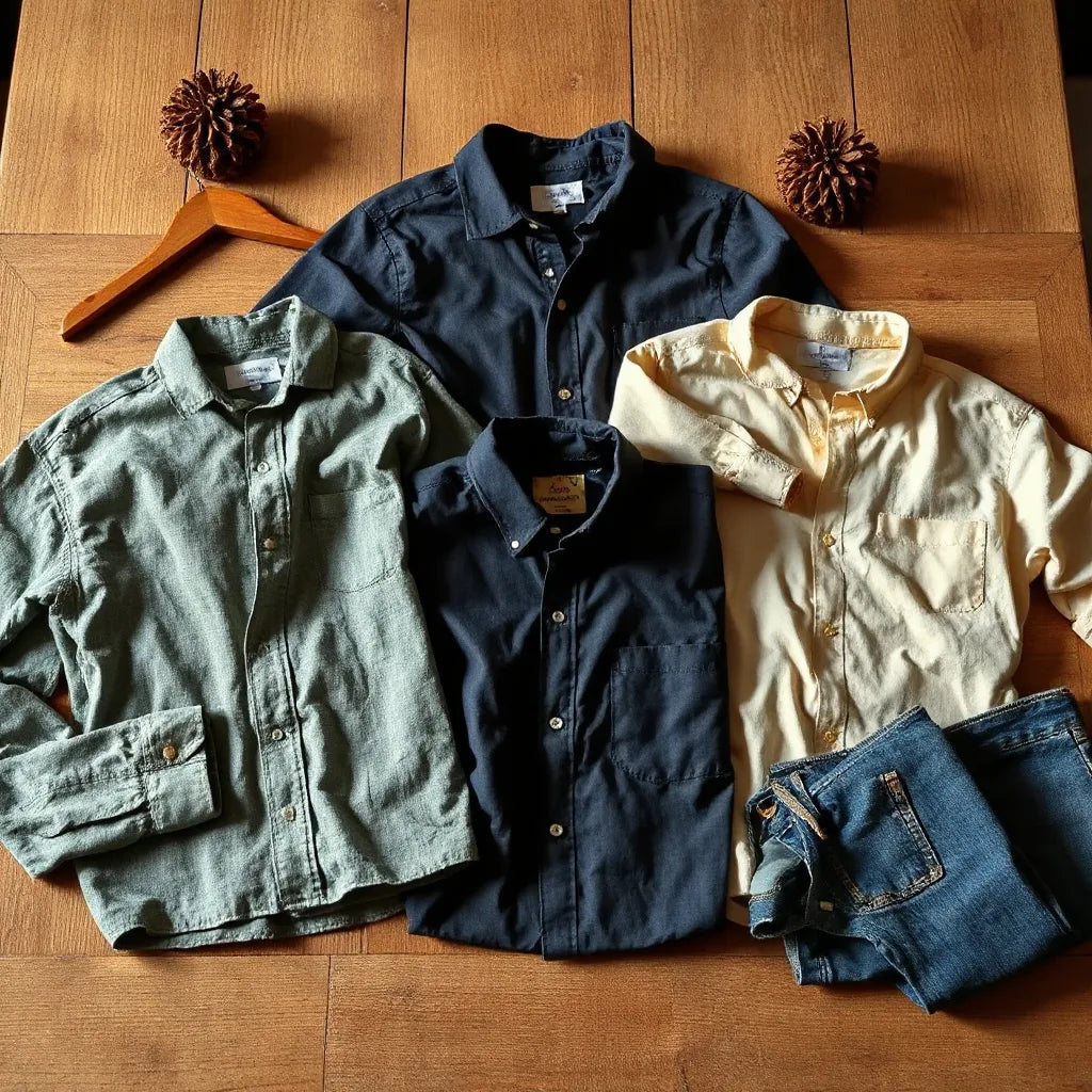 A neat spread of collector's vintage shirts with worn fabric textures and classic collars on a wooden table
