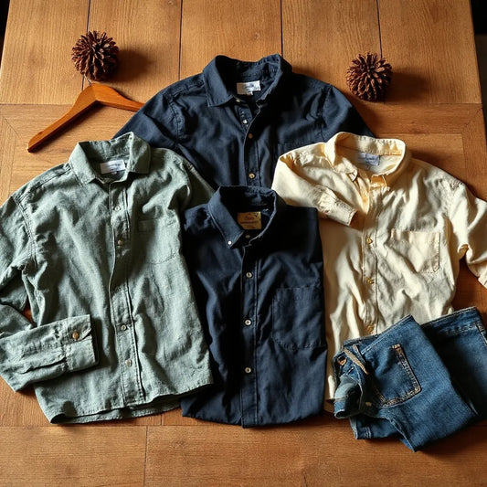 A neat spread of collector's vintage shirts with worn fabric textures and classic collars on a wooden table