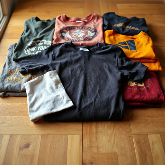 Neatly folded vintage graphic t-shirts with faded, worn textures on a wooden table
