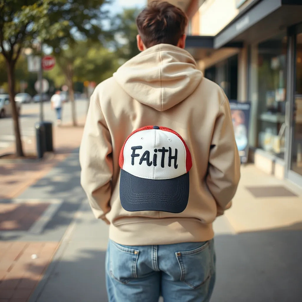 Faith-themed graphic cap worn with a casual hoodie and jeans outdoors on a sunny street