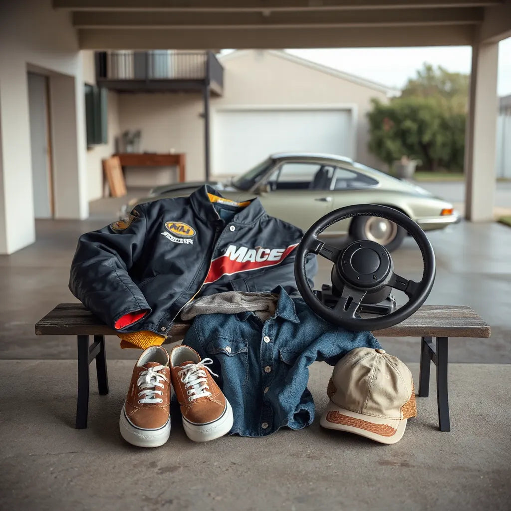 Retro racing jacket and graphic T-shirt styled with denim and classic sneakers in a garage setting