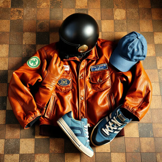 Retro racing helmet, gloves, and jacket arranged neatly with vintage-inspired gear in warm light