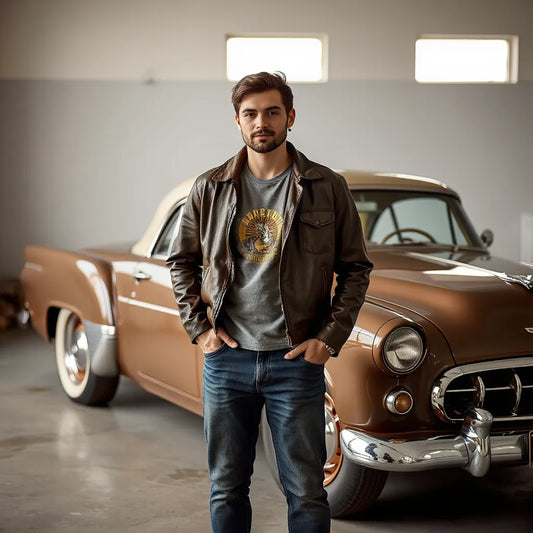 Person in vintage-inspired classic car outfit next to a polished vintage coupe in a garage