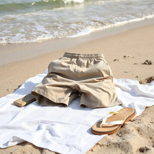 Lightweight swim shorts laid on a beach towel with flip-flops and shoreline in the background