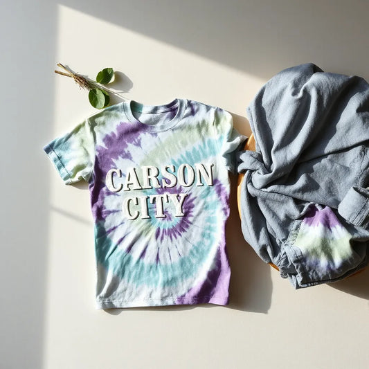 Folded tie dye T-shirt with blue and purple swirls on a neutral background