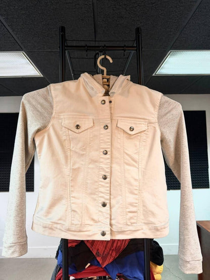 Hinge White Denim Knit Sleeve Hooded Jacket Size 1 Womens