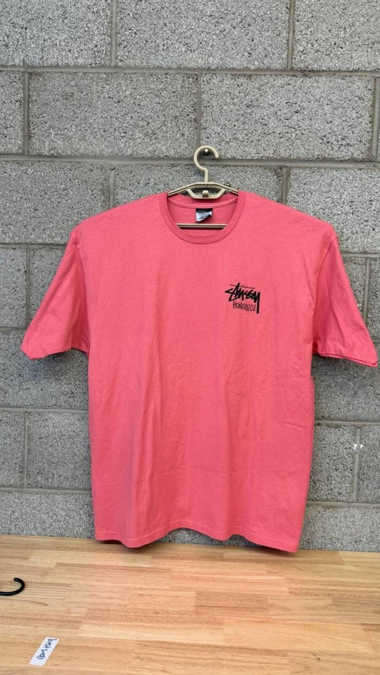 2020s Stussy Honolulu Pink Logo Graphic T-Shirt Cut Tag Mens XXL
