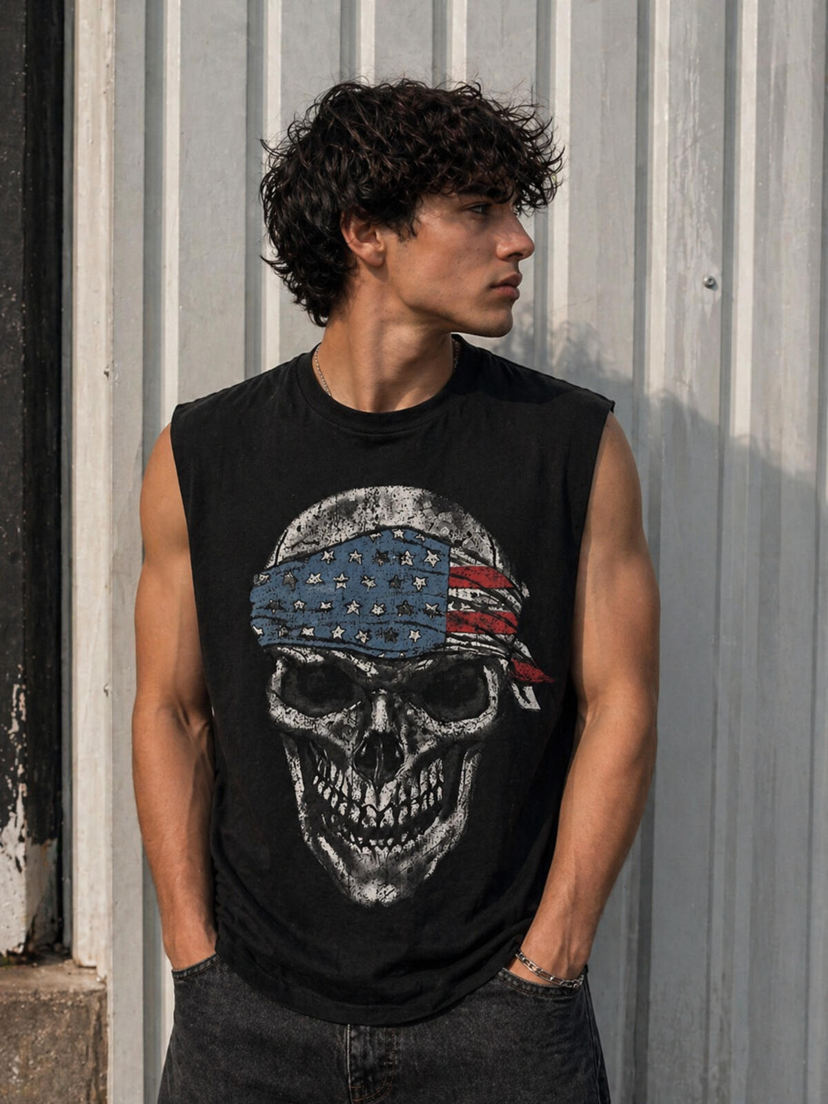 Men Skull American Flag Sleeveless T Shirt Biker Patriotic