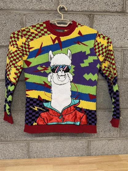 Retro Neon Alpaca Llama Knit Sweater Small 3 Degrees 80s 90s