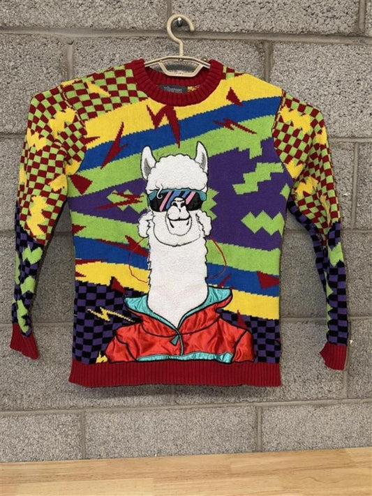 Retro Neon Alpaca Llama Knit Sweater Small 3 Degrees 80s 90s