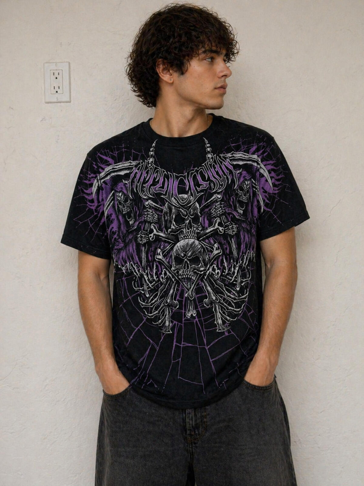 Affliction Grim Reaper skull t shirt 2xl black purple gothic