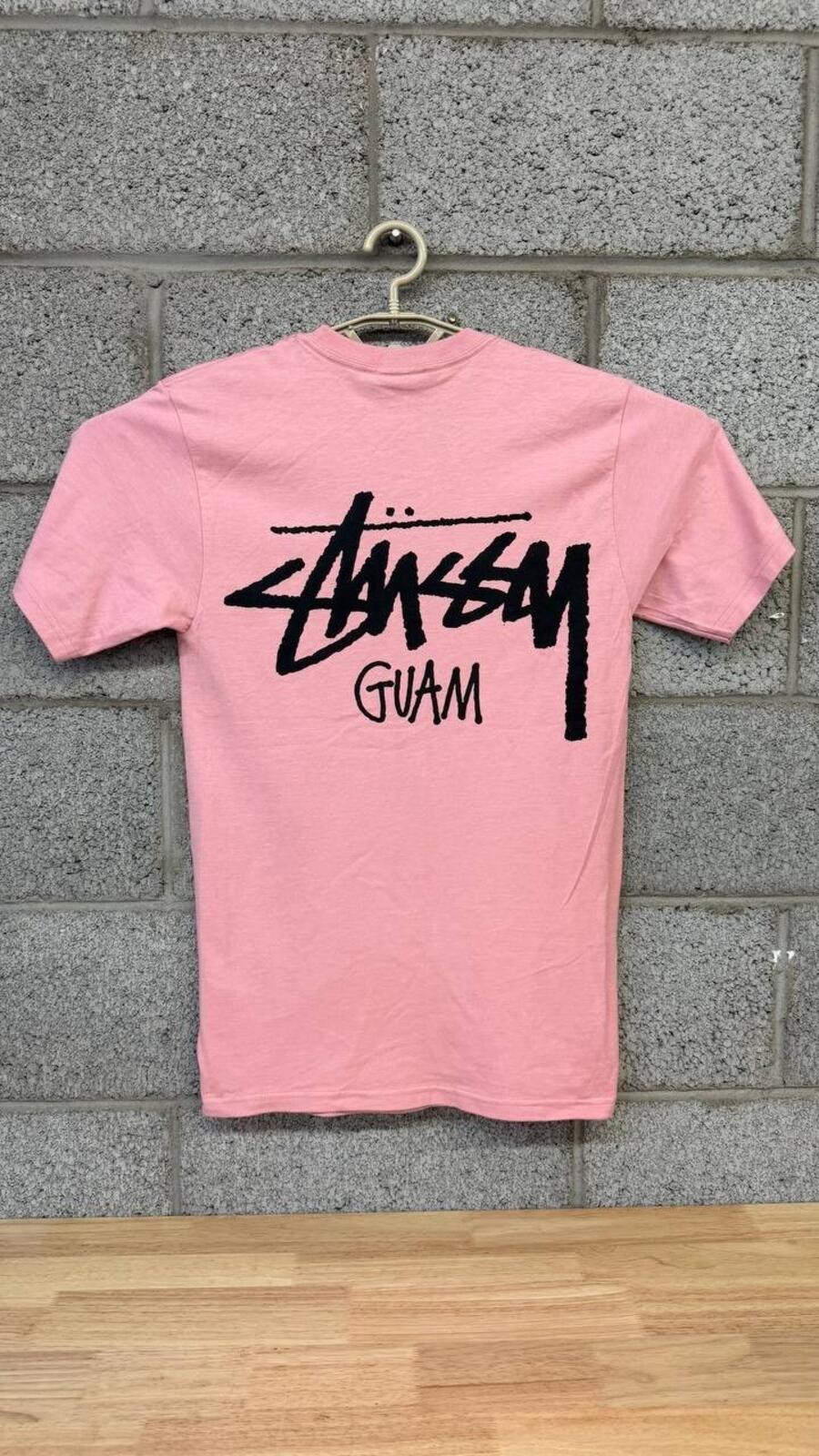 Stussy Guam Pink Logo Graphic T-Shirt Cut Tag Mens Small