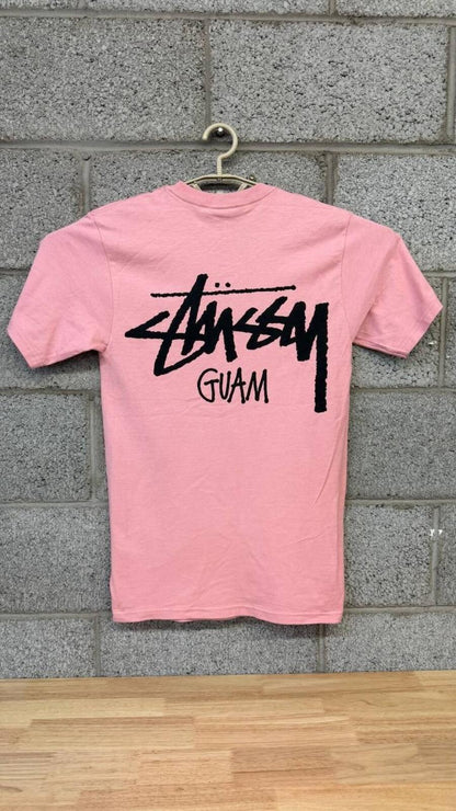 Stussy Guam Pink Logo Graphic T-Shirt Cut Tag Mens Small