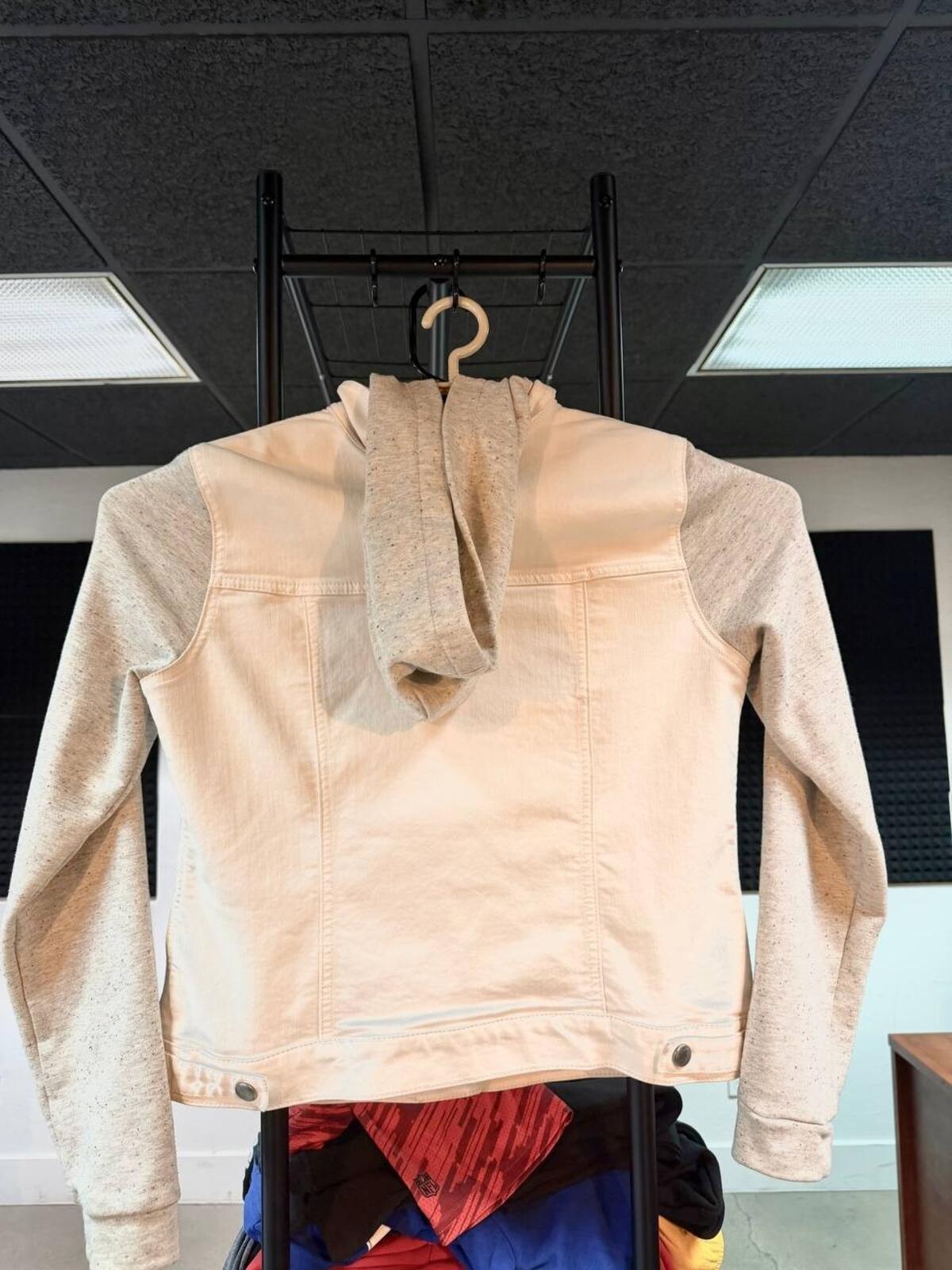 Hinge White Denim Knit Sleeve Hooded Jacket Size 1 Womens
