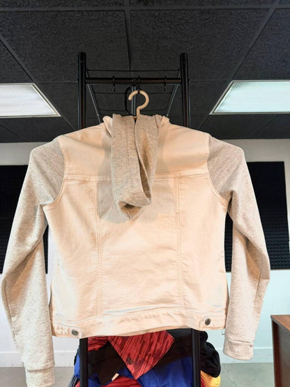 Hinge White Denim Knit Sleeve Hooded Jacket Size 1 Womens