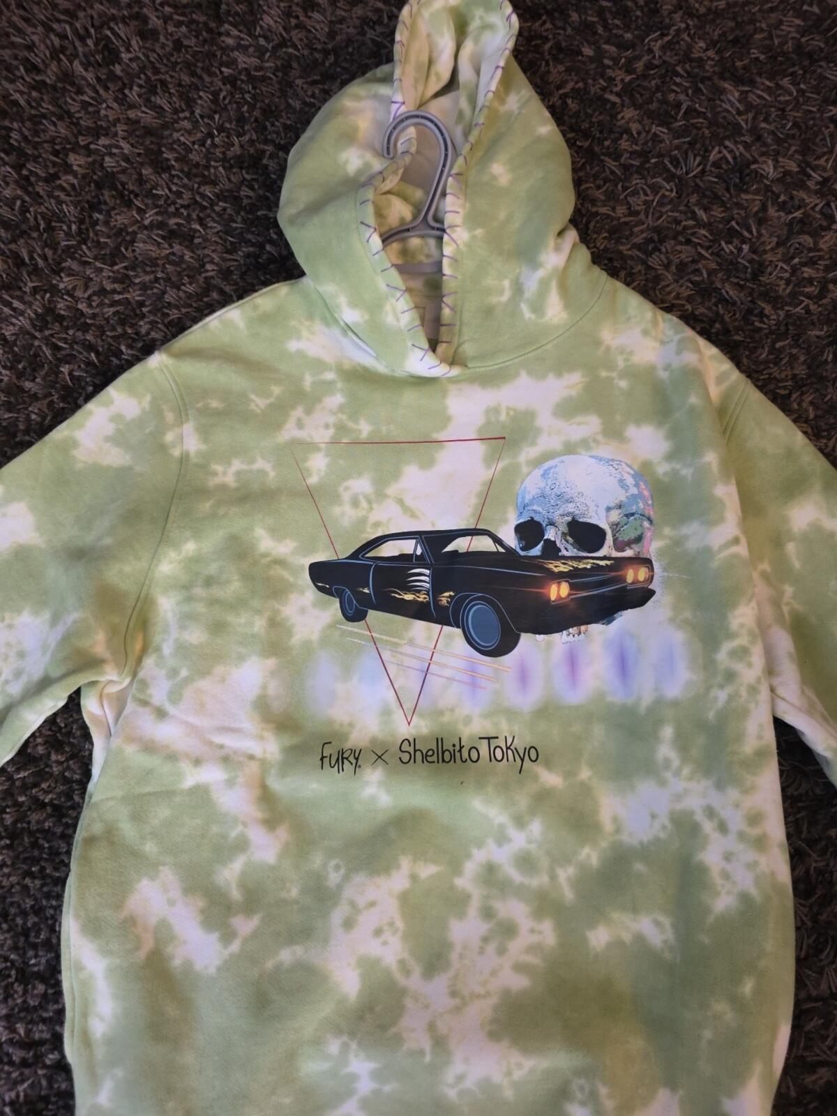 Reigning Fury Green Tie-Dye Pullover Hoodie S Car Skull Graphic Fleece Hooded