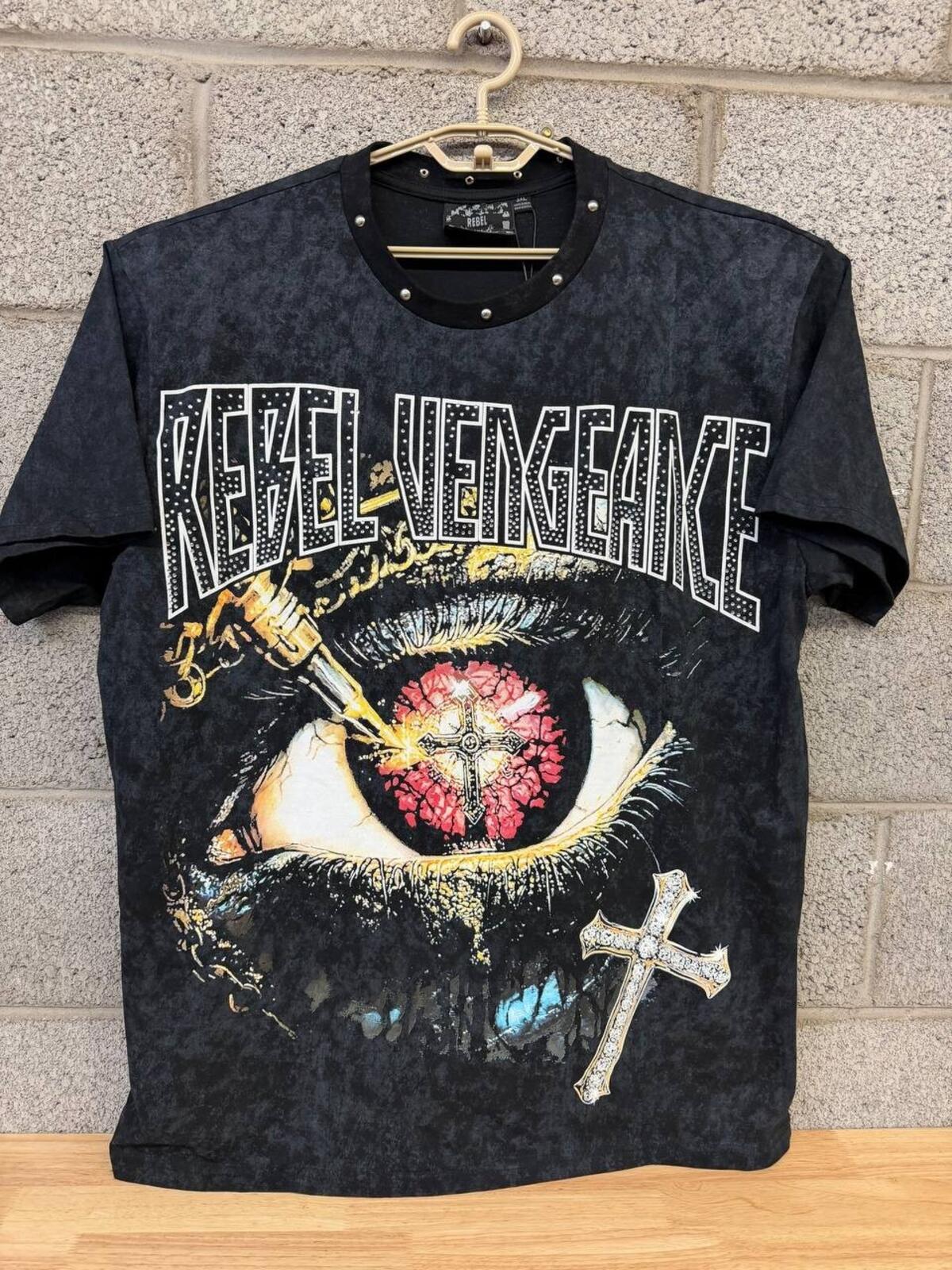 Rebel Vengeance Eye Cross Studded Tee Black Acid Wash 3X NWT