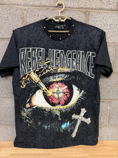 Rebel Vengeance Eye Cross Studded Tee Black Acid Wash 3X NWT