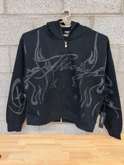 Civil Regime Rhinestone Flame Zip Hoodie XL Black Streetwear