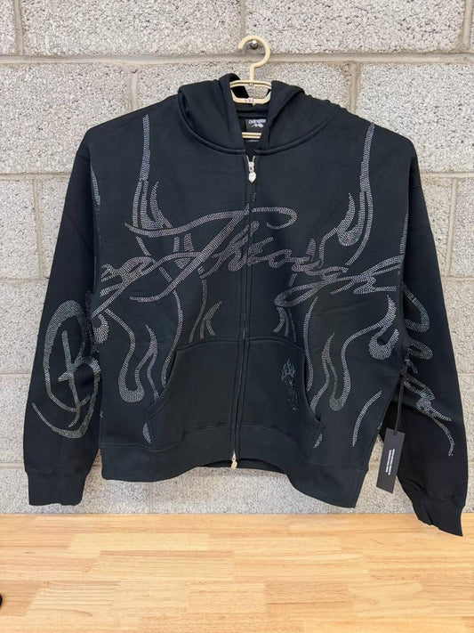 Civil Regime Rhinestone Flame Zip Hoodie XL Black Streetwear